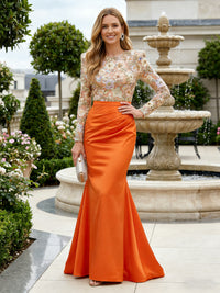 Mermaid Long Sleeves Satin Mother of the Bride & Groom Dresses with 3D Floral Lace Appliques & Ruched Waist