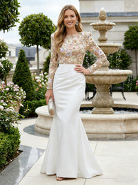 Mermaid Long Sleeves Satin Mother of the Bride & Groom Dresses with 3D Floral Lace Appliques & Ruched Waist