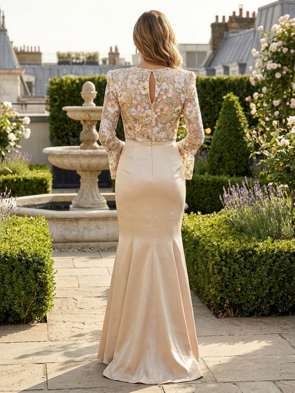 Mermaid Long Bell Sleeves Satin Mother of the Bride & Groom Dresses with 3D Floral Lace Appliques & Sweep Train