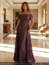 A-Line Metallic Satin Off Shoulder Bow Mother of the Bride & Groom Dresses with Floral Lace Appliques, Ruched Waist & Sweep Train