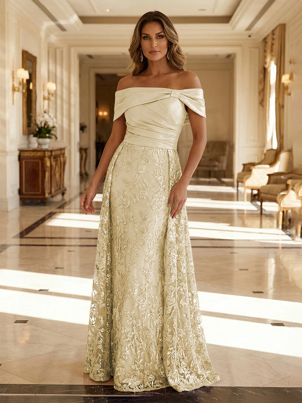 A-Line Metallic Satin Off Shoulder Bow Mother of the Bride & Groom Dresses with Floral Lace Appliques, Ruched Waist & Sweep Train