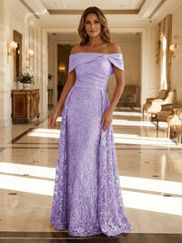 A-Line Metallic Satin Off Shoulder Bow Mother of the Bride & Groom Dresses with Floral Lace Appliques, Ruched Waist & Sweep Train