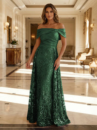 A-Line Metallic Satin Off Shoulder Bow Mother of the Bride & Groom Dresses with Floral Lace Appliques, Ruched Waist & Sweep Train