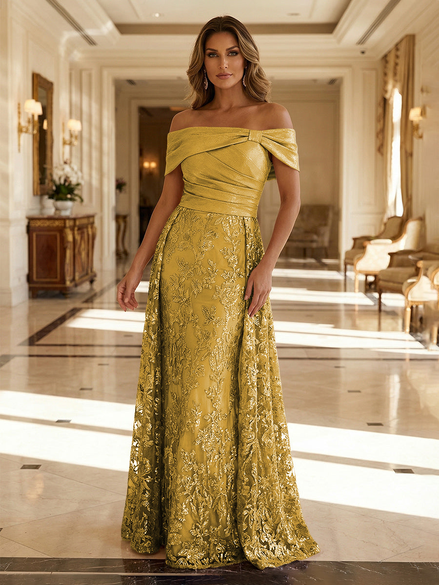 Shirees Gold A-Line Metallic Satin Off Shoulder Bow Mother of the Bride & Groom Dresses with Floral Lace Appliques, Ruched Waist & Sweep Train 2026