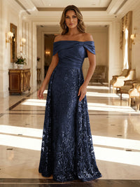 A-Line Metallic Satin Off Shoulder Bow Mother of the Bride & Groom Dresses with Floral Lace Appliques, Ruched Waist & Sweep Train
