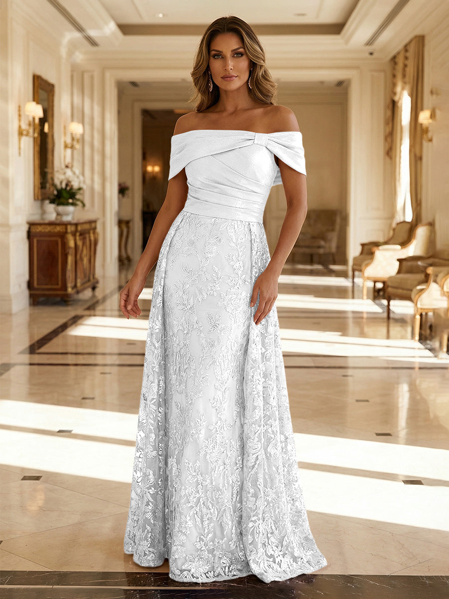 Shirees Rose Gold A-Line Metallic Satin Off Shoulder Bow Mother of the Bride & Groom Dresses with Floral Lace Appliques, Ruched Waist & Sweep Train