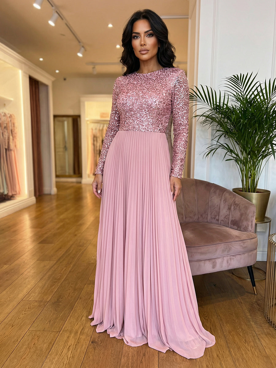 A-Line Long Sleeves Chiffon Maxi Pleated Mother of the Bride & Groom Dresses with Sparkly Sequin Bodice