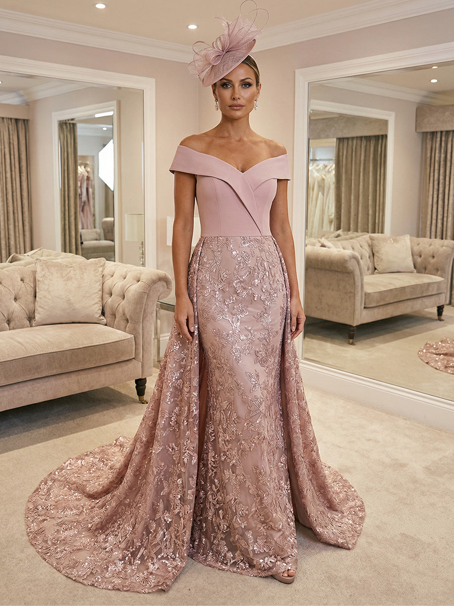 Sheath/Column Off Shoulder Satin Floor-Length Mother of the Bride & Groom Dresses with Sequin Floral Lace Appliques & Sweep Train