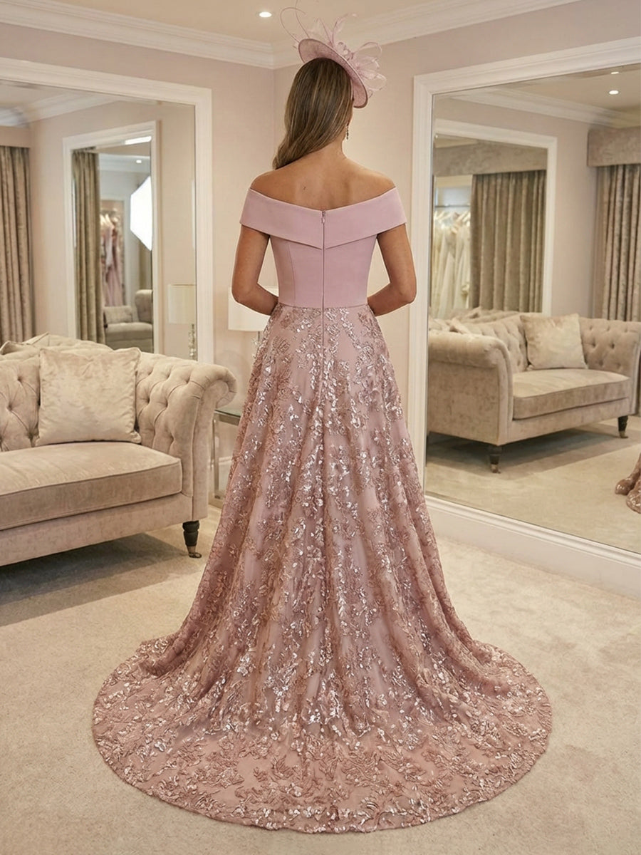 Sheath/Column Off Shoulder Satin Floor-Length Mother of the Bride & Groom Dresses with Sequin Floral Lace Appliques & Sweep Train