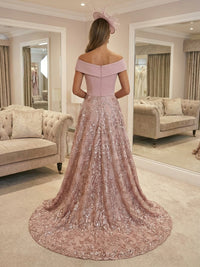 Sheath/Column Off Shoulder Satin Floor-Length Mother of the Bride & Groom Dresses with Sequin Floral Lace Appliques & Sweep Train