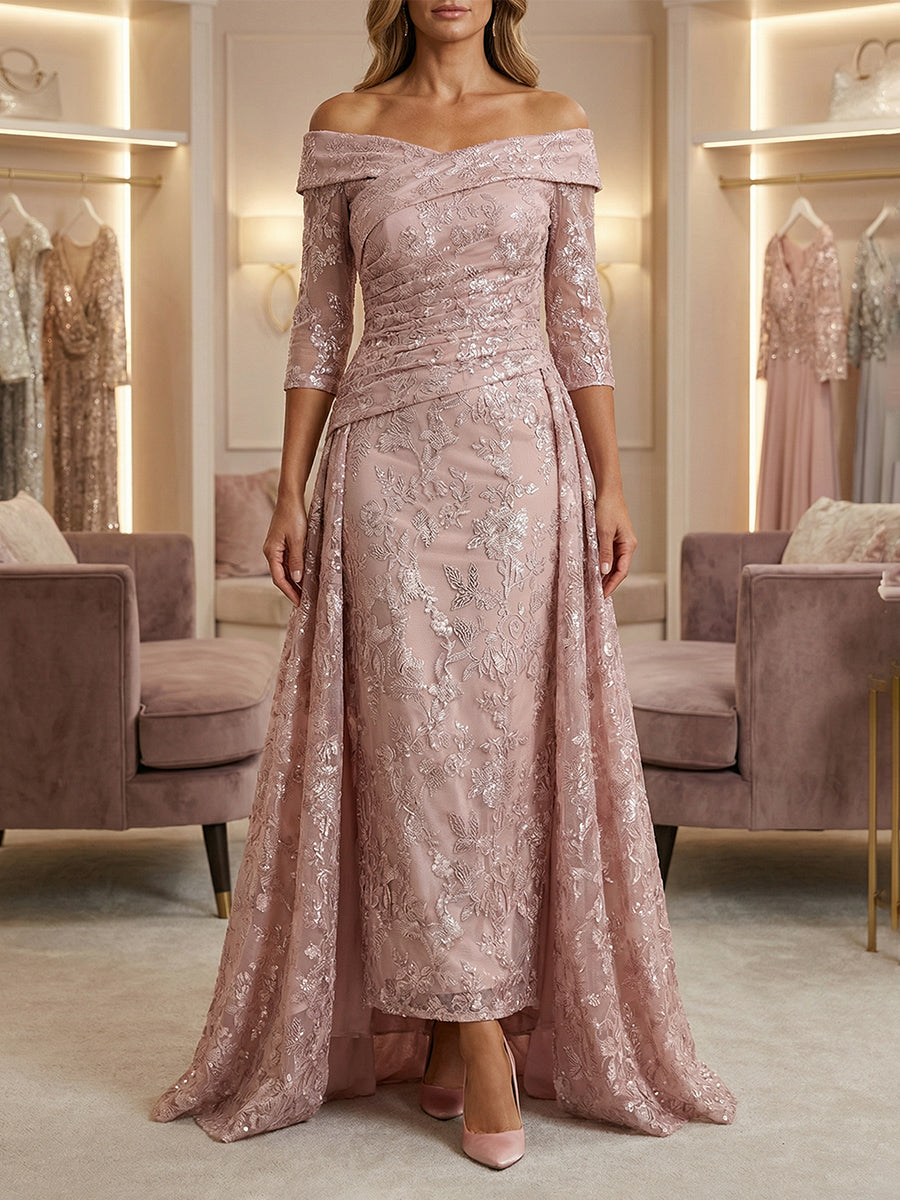 Sheath/Column Off Shoulder 3/4 Sleeves Mother of the Bride & Groom Dresses with Ruched Waist, Sequin Floral Lace Appliques & Sweep Train