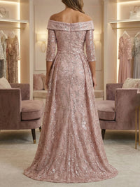 Sheath/Column Off Shoulder 3/4 Sleeves Mother of the Bride & Groom Dresses with Ruched Waist, Sequin Floral Lace Appliques & Sweep Train