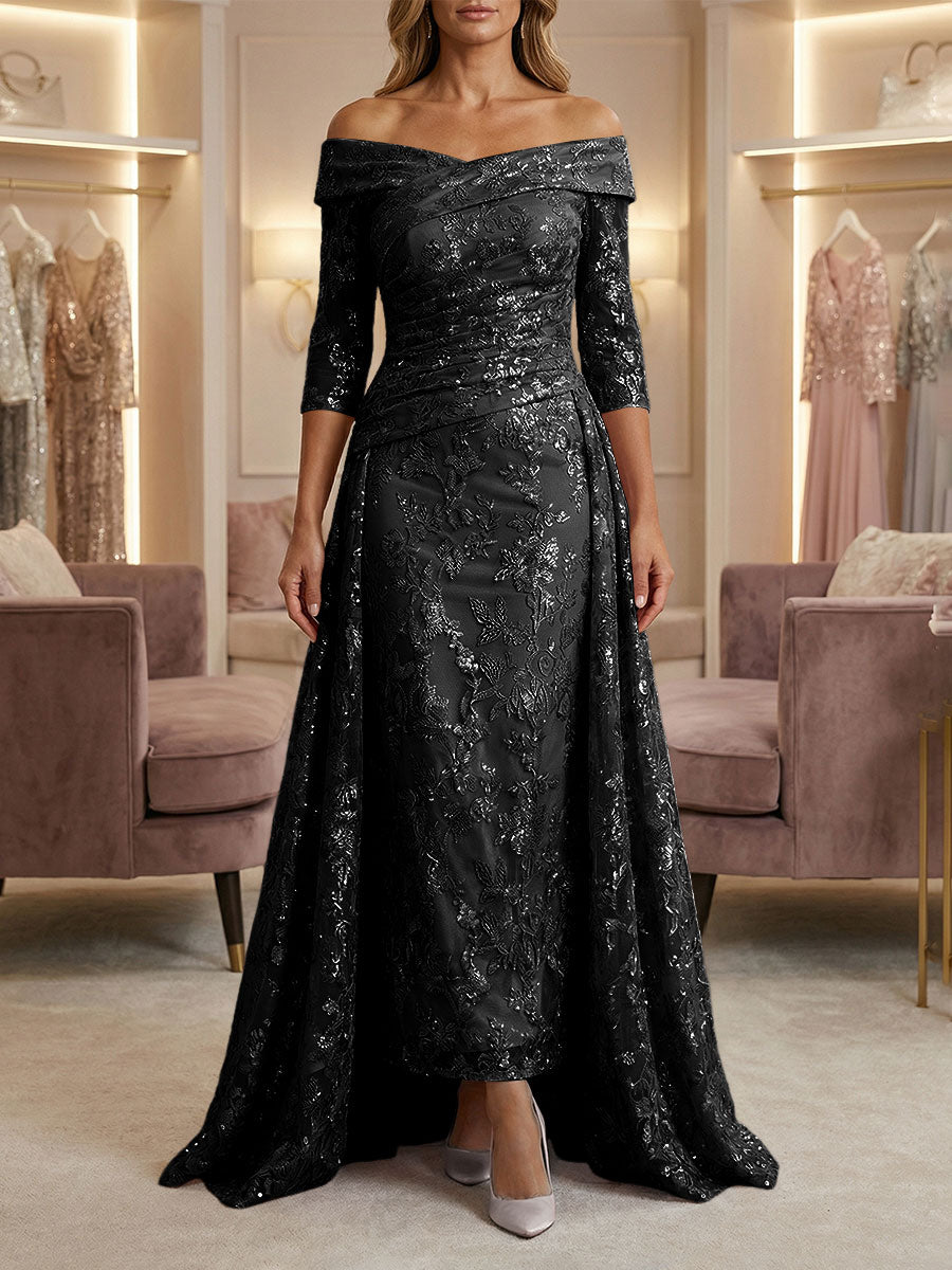 Sheath/Column Off Shoulder 3/4 Sleeves Mother of the Bride & Groom Dresses with Ruched Waist, Sequin Floral Lace Appliques & Sweep Train