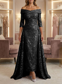Sheath/Column Off Shoulder 3/4 Sleeves Mother of the Bride & Groom Dresses with Ruched Waist, Sequin Floral Lace Appliques & Sweep Train