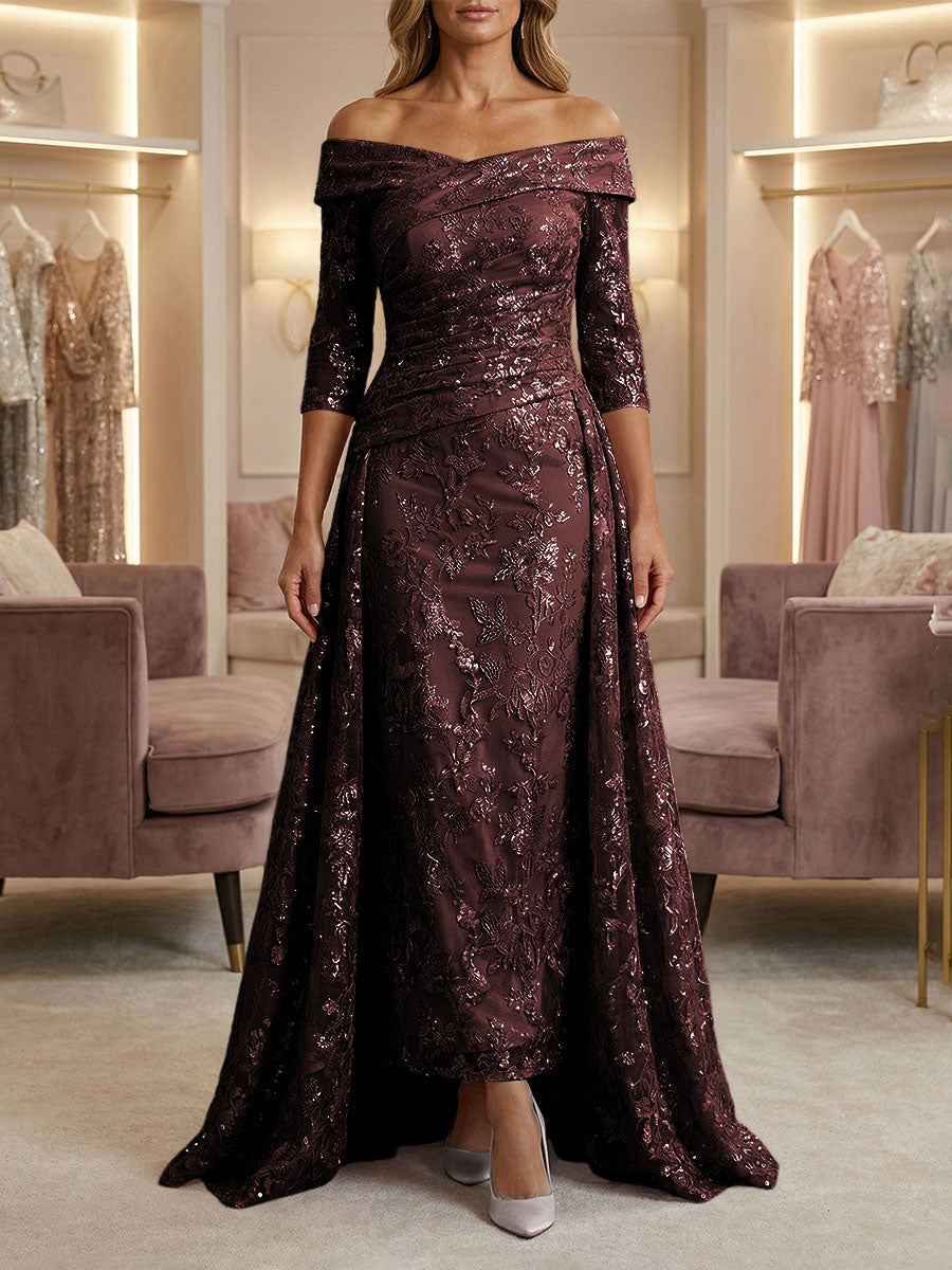 Sheath/Column Off Shoulder 3/4 Sleeves Mother of the Bride & Groom Dresses with Ruched Waist, Sequin Floral Lace Appliques & Sweep Train