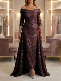 Sheath/Column Off Shoulder 3/4 Sleeves Mother of the Bride & Groom Dresses with Ruched Waist, Sequin Floral Lace Appliques & Sweep Train