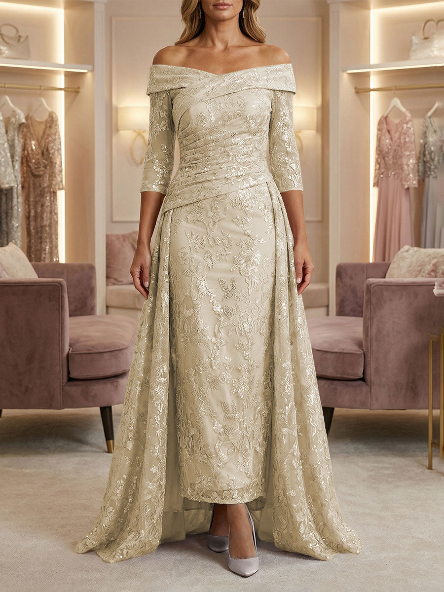 Sheath/Column Off Shoulder 3/4 Sleeves Mother of the Bride & Groom Dresses with Ruched Waist, Sequin Floral Lace Appliques & Sweep Train