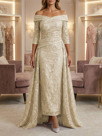 Sheath/Column Off Shoulder 3/4 Sleeves Mother of the Bride & Groom Dresses with Ruched Waist, Sequin Floral Lace Appliques & Sweep Train