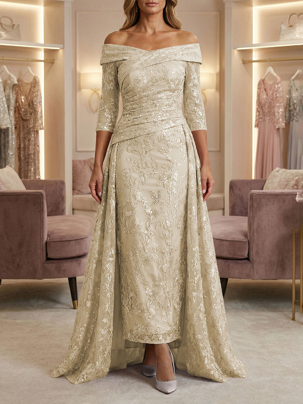 Sheath/Column Off Shoulder 3/4 Sleeves Mother of the Bride & Groom Dresses with Ruched Waist, Sequin Floral Lace Appliques & Sweep Train