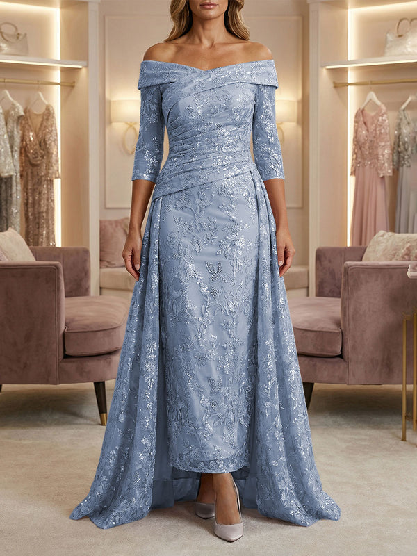 Sheath/Column Off Shoulder 3/4 Sleeves Mother of the Bride & Groom Dresses with Ruched Waist, Sequin Floral Lace Appliques & Sweep Train