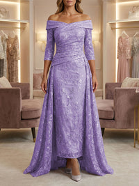 Sheath/Column Off Shoulder 3/4 Sleeves Mother of the Bride & Groom Dresses with Ruched Waist, Sequin Floral Lace Appliques & Sweep Train