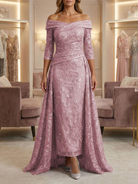 Sheath/Column Off Shoulder 3/4 Sleeves Mother of the Bride & Groom Dresses with Ruched Waist, Sequin Floral Lace Appliques & Sweep Train
