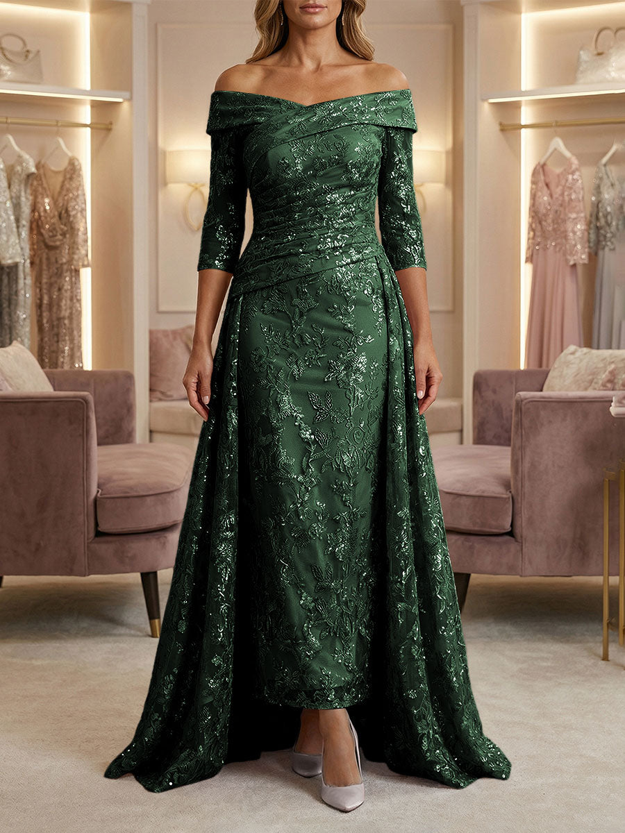 Sheath/Column Off Shoulder 3/4 Sleeves Mother of the Bride & Groom Dresses with Ruched Waist, Sequin Floral Lace Appliques & Sweep Train