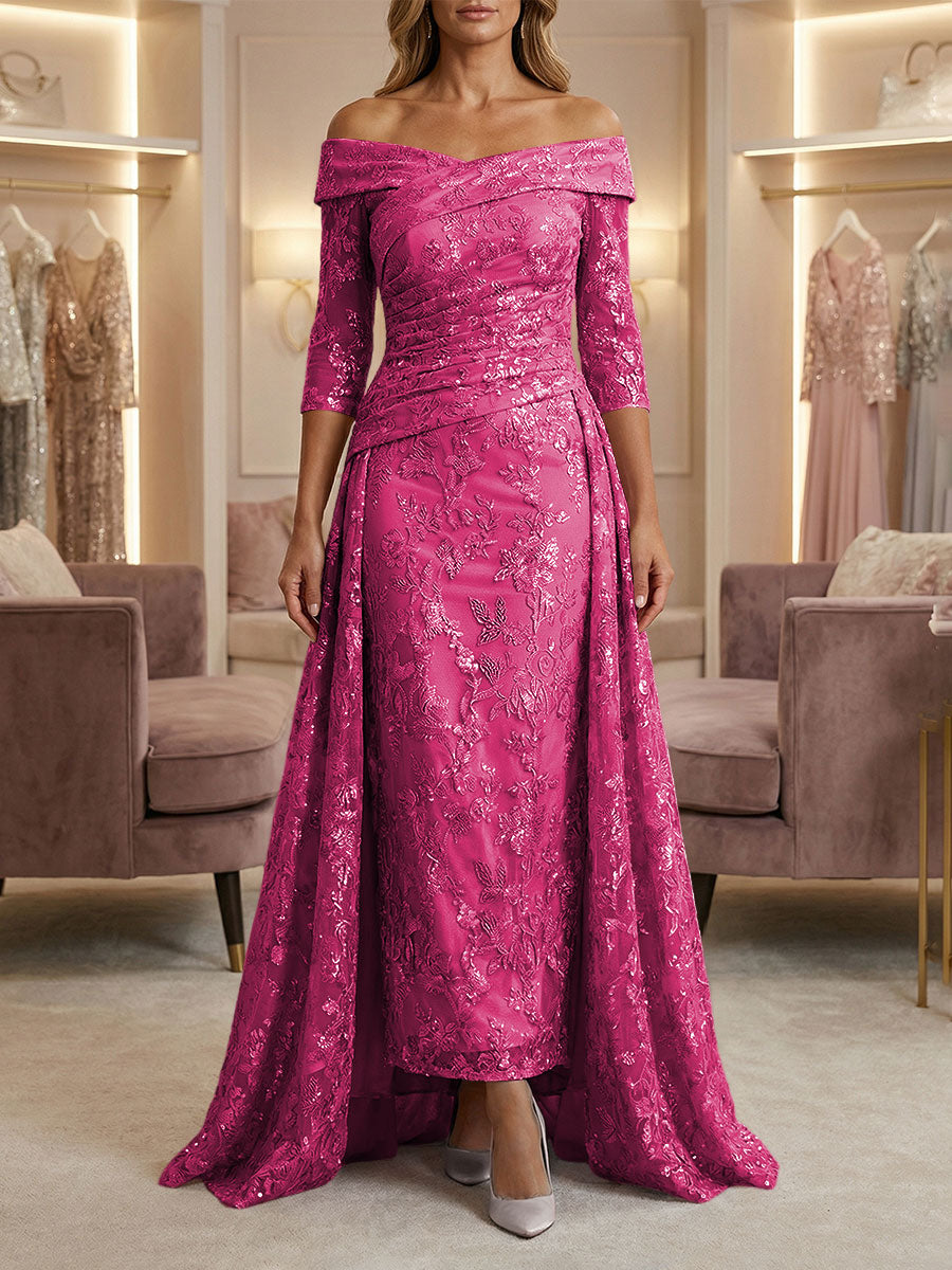 Sheath/Column Off Shoulder 3/4 Sleeves Mother of the Bride & Groom Dresses with Ruched Waist, Sequin Floral Lace Appliques & Sweep Train