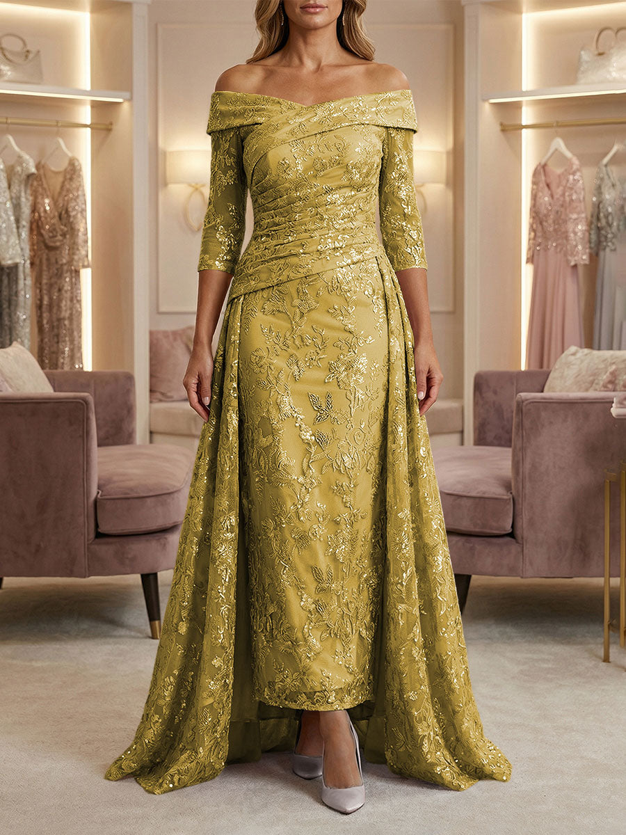 Sheath/Column Off Shoulder 3/4 Sleeves Mother of the Bride & Groom Dresses with Ruched Waist, Sequin Floral Lace Appliques & Sweep Train