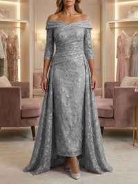 Sheath/Column Off Shoulder 3/4 Sleeves Mother of the Bride & Groom Dresses with Ruched Waist, Sequin Floral Lace Appliques & Sweep Train