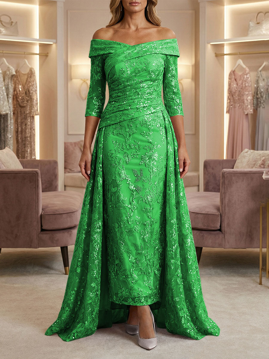 Sheath/Column Off Shoulder 3/4 Sleeves Mother of the Bride & Groom Dresses with Ruched Waist, Sequin Floral Lace Appliques & Sweep Train
