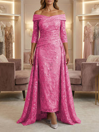 Sheath/Column Off Shoulder 3/4 Sleeves Mother of the Bride & Groom Dresses with Ruched Waist, Sequin Floral Lace Appliques & Sweep Train