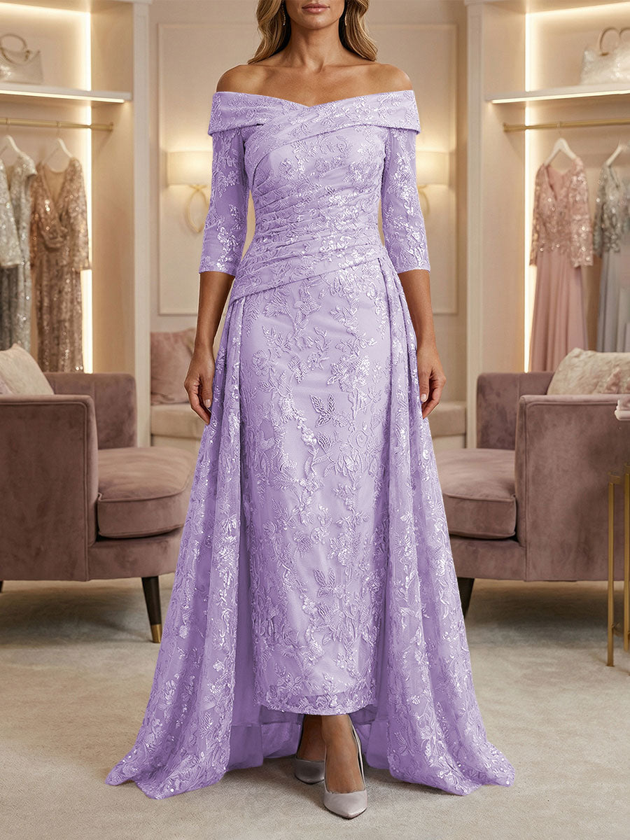 Sheath/Column Off Shoulder 3/4 Sleeves Mother of the Bride & Groom Dresses with Ruched Waist, Sequin Floral Lace Appliques & Sweep Train