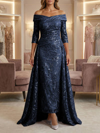 Sheath/Column Off Shoulder 3/4 Sleeves Mother of the Bride & Groom Dresses with Ruched Waist, Sequin Floral Lace Appliques & Sweep Train