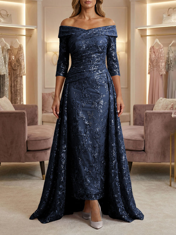 Sheath/Column Off Shoulder 3/4 Sleeves Mother of the Bride & Groom Dresses with Ruched Waist, Sequin Floral Lace Appliques & Sweep Train