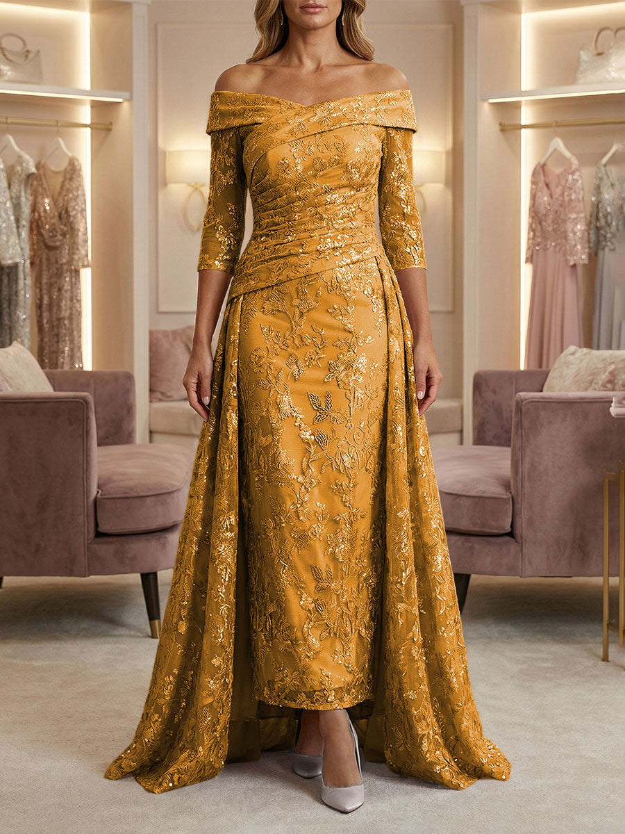 Sheath/Column Off Shoulder 3/4 Sleeves Mother of the Bride & Groom Dresses with Ruched Waist, Sequin Floral Lace Appliques & Sweep Train