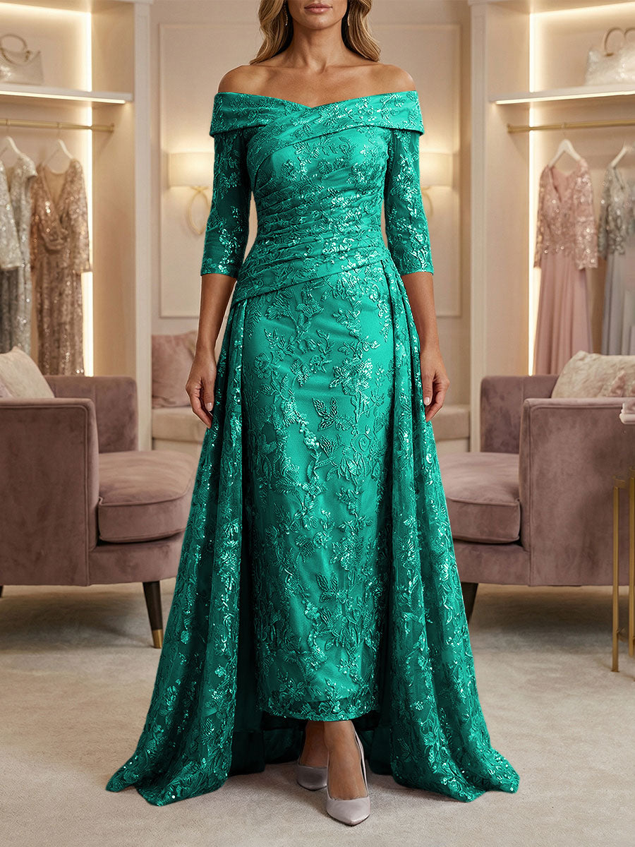 Sheath/Column Off Shoulder 3/4 Sleeves Mother of the Bride & Groom Dresses with Ruched Waist, Sequin Floral Lace Appliques & Sweep Train