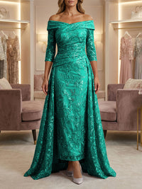 Sheath/Column Off Shoulder 3/4 Sleeves Mother of the Bride & Groom Dresses with Ruched Waist, Sequin Floral Lace Appliques & Sweep Train
