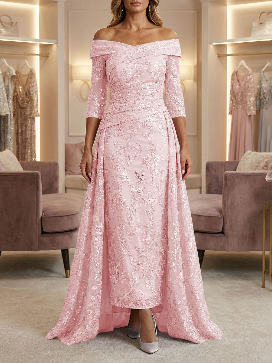 Sheath/Column Off Shoulder 3/4 Sleeves Mother of the Bride & Groom Dresses with Ruched Waist, Sequin Floral Lace Appliques & Sweep Train