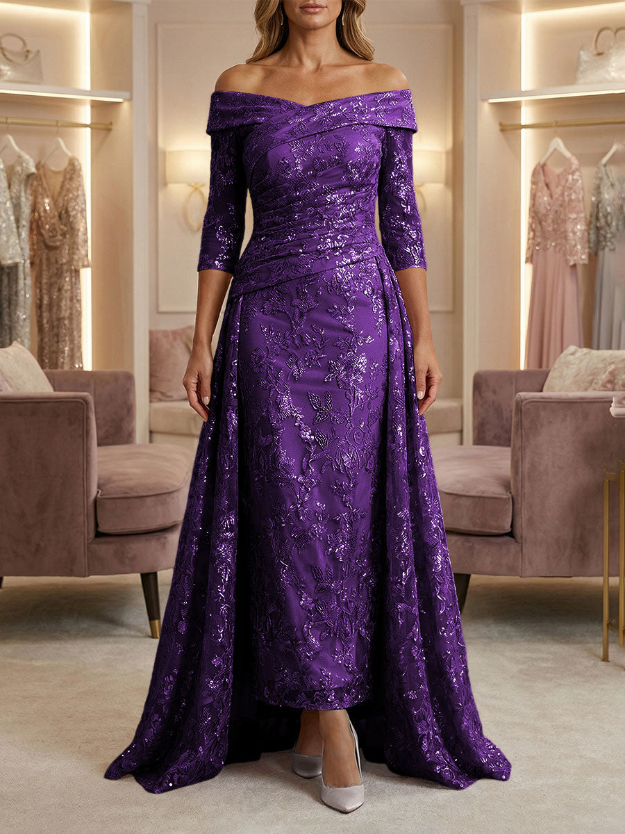 Sheath/Column Off Shoulder 3/4 Sleeves Mother of the Bride & Groom Dresses with Ruched Waist, Sequin Floral Lace Appliques & Sweep Train