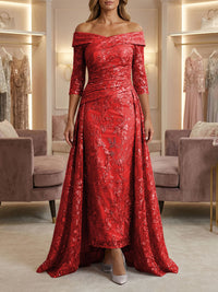 Sheath/Column Off Shoulder 3/4 Sleeves Mother of the Bride & Groom Dresses with Ruched Waist, Sequin Floral Lace Appliques & Sweep Train