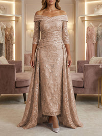 Sheath/Column Off Shoulder 3/4 Sleeves Mother of the Bride & Groom Dresses with Ruched Waist, Sequin Floral Lace Appliques & Sweep Train