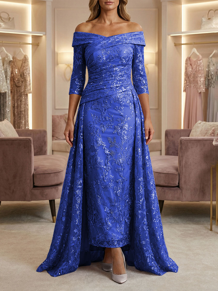 Sheath/Column Off Shoulder 3/4 Sleeves Mother of the Bride & Groom Dresses with Ruched Waist, Sequin Floral Lace Appliques & Sweep Train