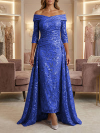 Sheath/Column Off Shoulder 3/4 Sleeves Mother of the Bride & Groom Dresses with Ruched Waist, Sequin Floral Lace Appliques & Sweep Train
