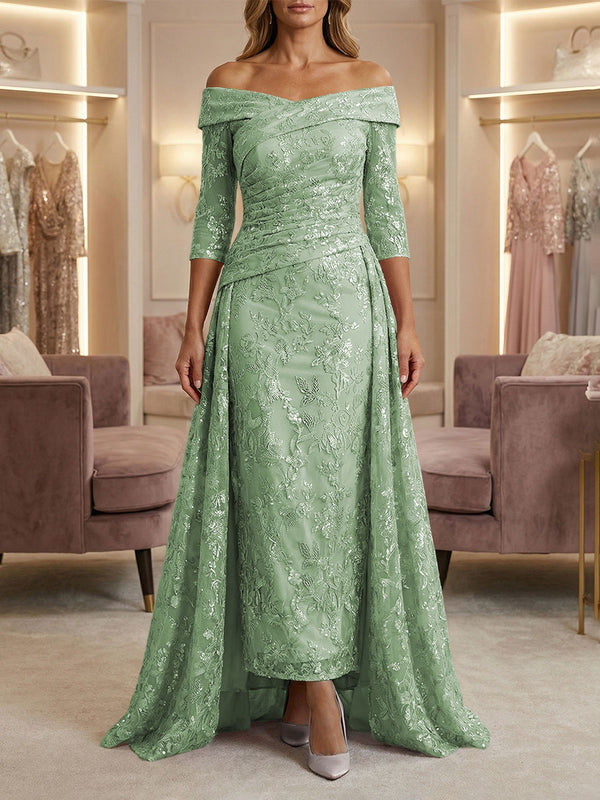 Sheath/Column Off Shoulder 3/4 Sleeves Mother of the Bride & Groom Dresses with Ruched Waist, Sequin Floral Lace Appliques & Sweep Train