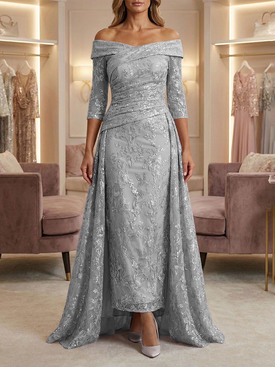Sheath/Column Off Shoulder 3/4 Sleeves Mother of the Bride & Groom Dresses with Ruched Waist, Sequin Floral Lace Appliques & Sweep Train