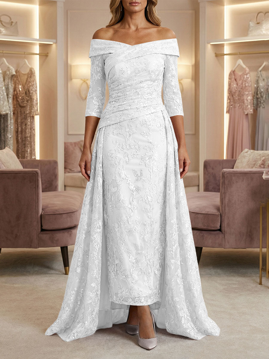 Sheath/Column Off Shoulder 3/4 Sleeves Mother of the Bride & Groom Dresses with Ruched Waist, Sequin Floral Lace Appliques & Sweep Train