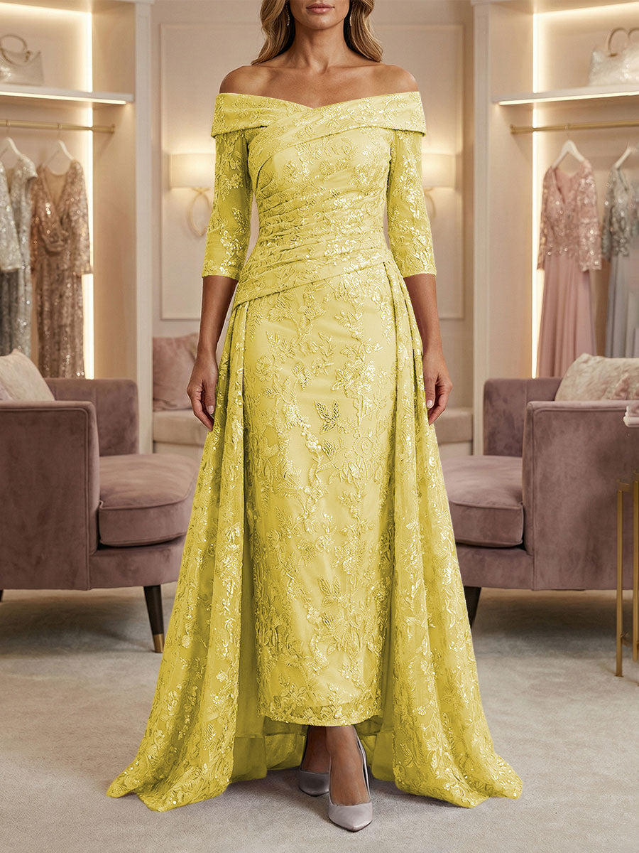 Sheath/Column Off Shoulder 3/4 Sleeves Mother of the Bride & Groom Dresses with Ruched Waist, Sequin Floral Lace Appliques & Sweep Train