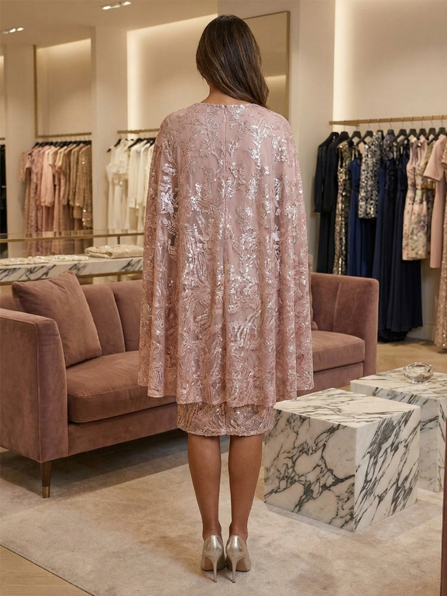 Sheath/Column Tea-Length Mother of the Bride & Groom Dresses with Sequin Floral Lace Appliques & Detachable Cape