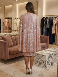 Sheath/Column Tea-Length Mother of the Bride & Groom Dresses with Sequin Floral Lace Appliques & Detachable Cape